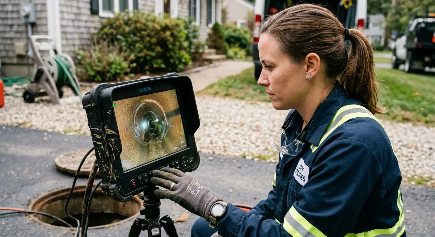 Technician reviewing sewer camera inspection footage in Goddard