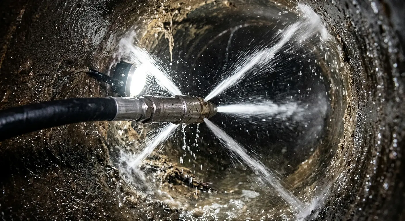 High-pressure hydro jetting nozzle cleaning sewer pipe for Trenchless Sewer Repair in Goddard