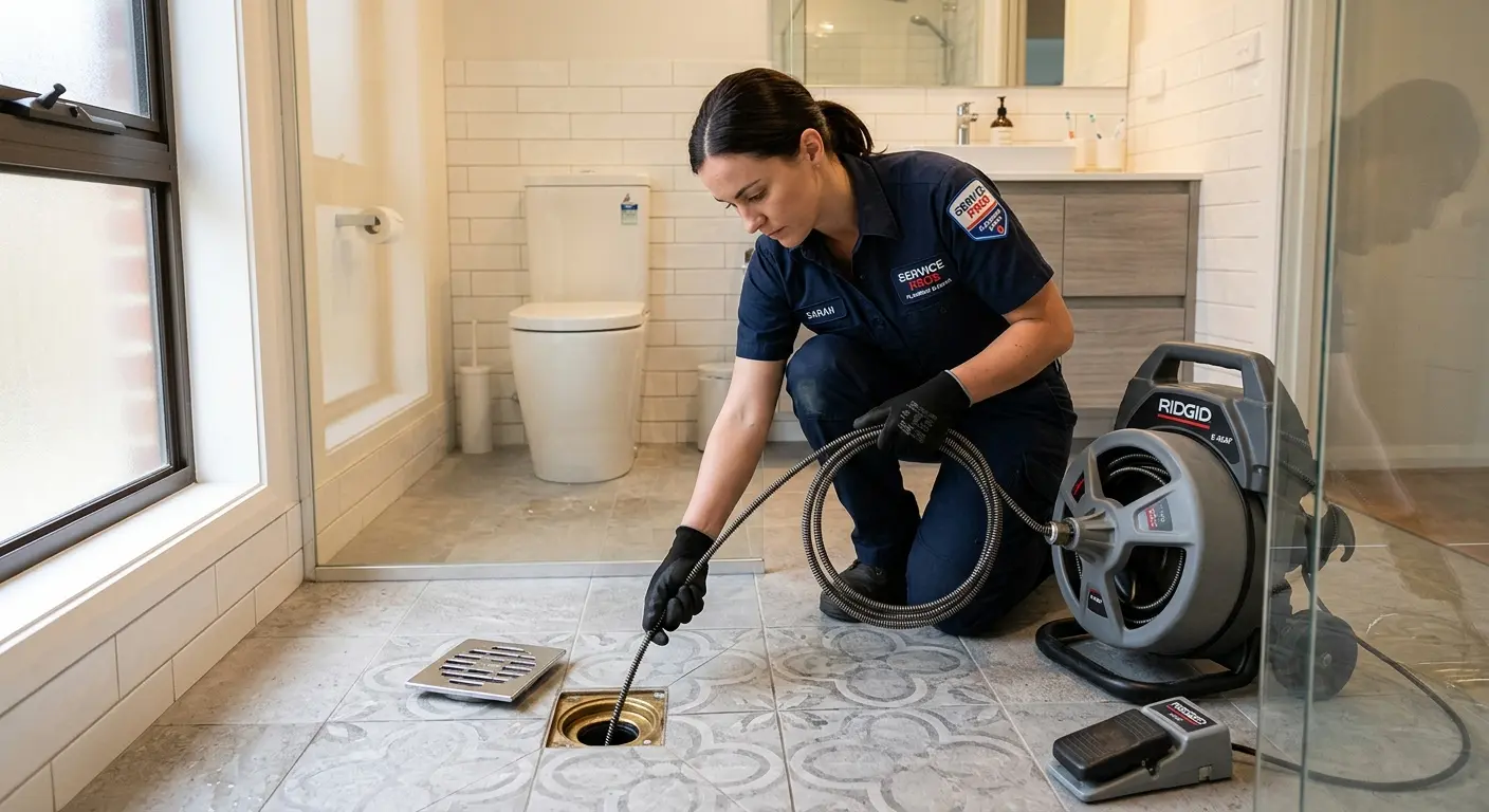 Technician clearing a bathroom floor drain for Sewer Line Installation in Goddard